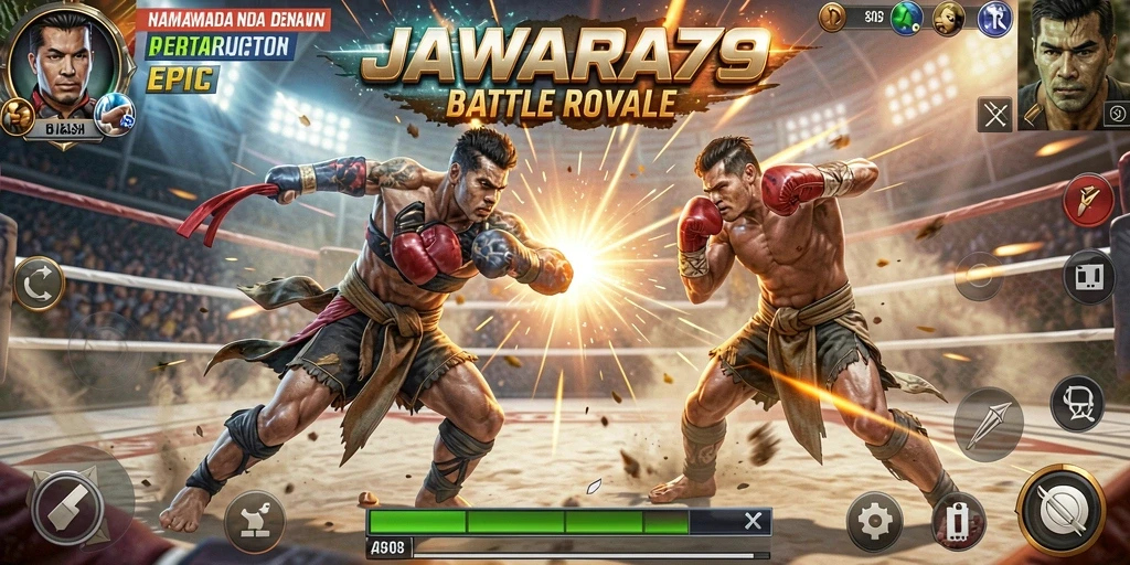 Tampilan gameplay mendebarkan dalam JAWARA79 dengan aksi Battle Royale.