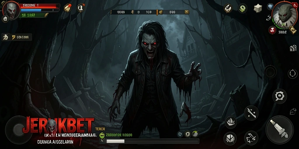 Screenshot menampilkan gameplay mencekam dari JERUKBET dengan suasana kelam.