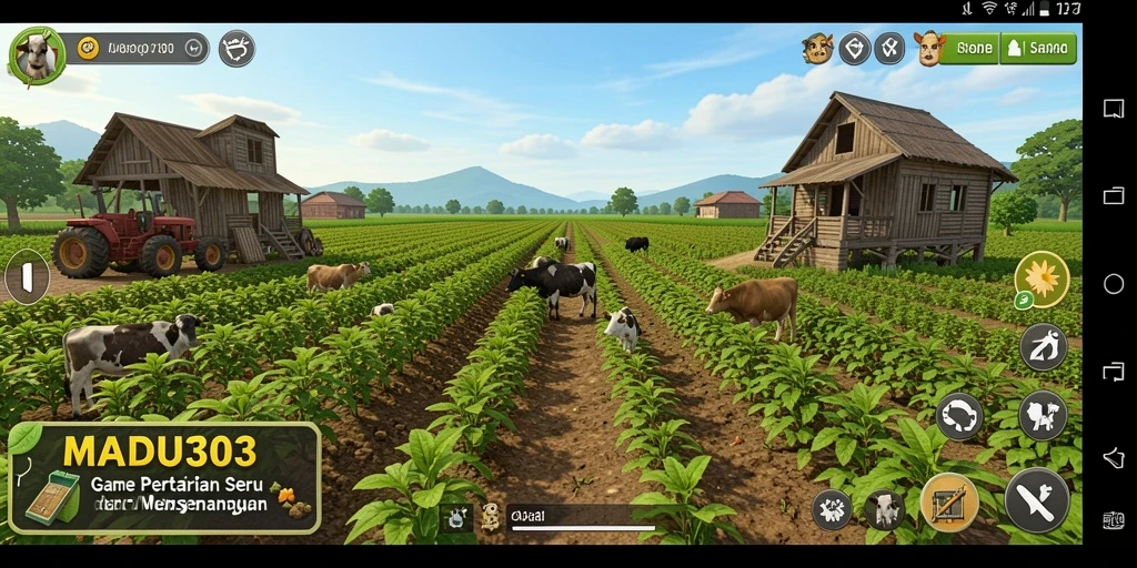 Screenshot gameplay MADU303 yang menampilkan aktivitas bertani yang seru.
