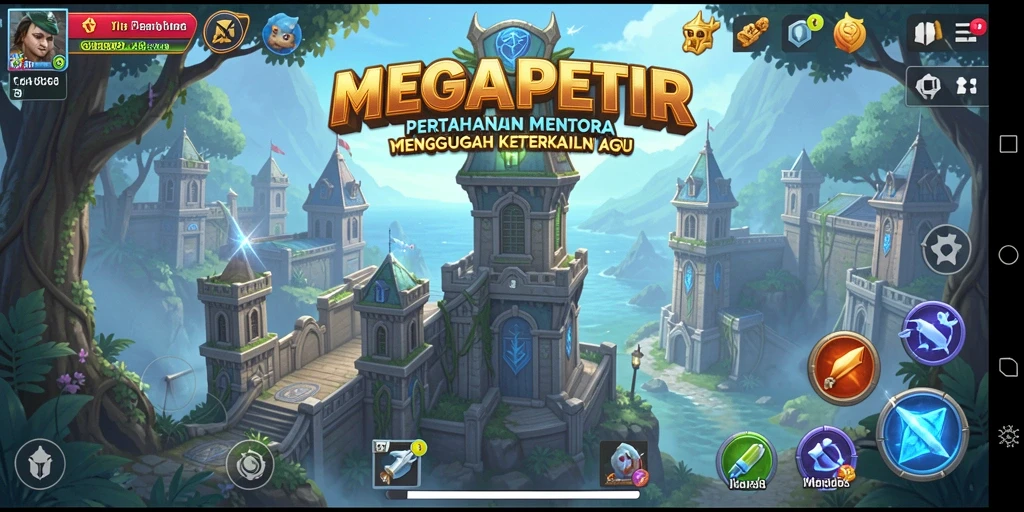 Tangkapan layar gameplay MEGAPETIR yang menunjukkan aksi menara pertahanan.