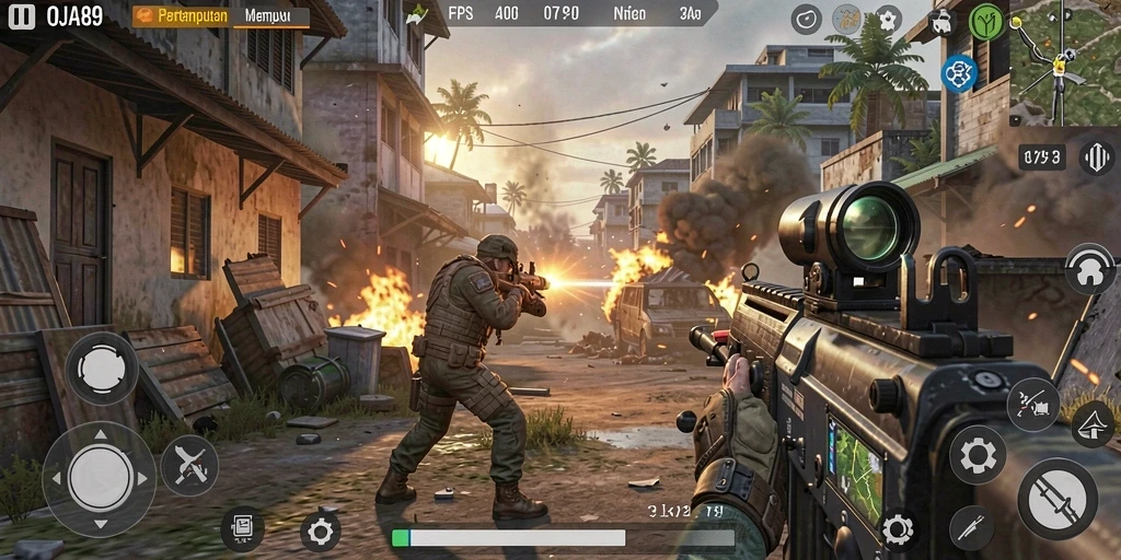 Screenshot utama OJA89 menunjukkan aksi menembak yang seru dan grafis memukau.