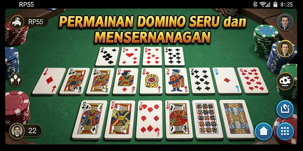 Tampilan gameplay RP55 yang menarik dan penuh warna dalam permainan Domino.