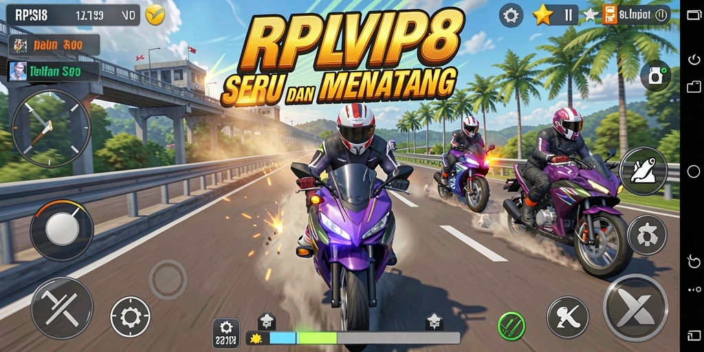 Tangkapan layar dari gameplay RPVIP8 menampilkan balapan motor yang seru.