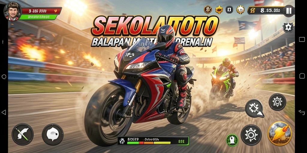 Tampilan gameplay SEKOLAHTOTO dengan balapan motor yang mendebarkan.