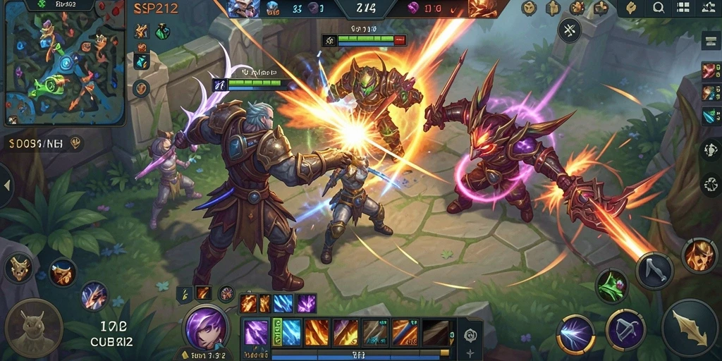 Screenshot gameplay MOBA dengan pertarungan strategis dan hero yang beragam.