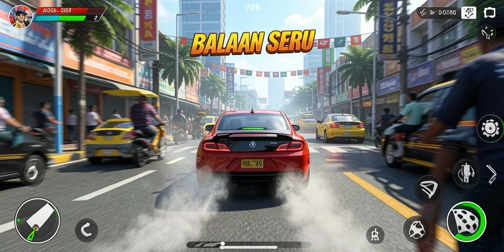 Gameplay V98 dengan balapan seru dan mendebarkan.
