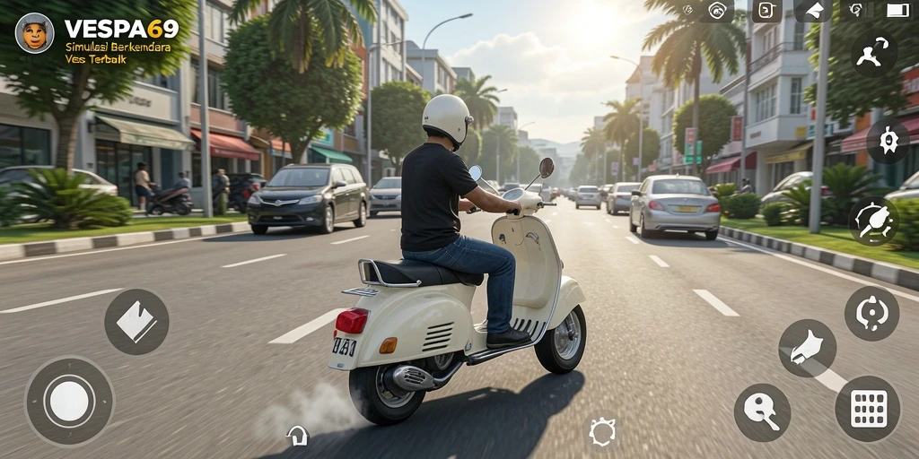 Screenshot gameplay VESPA69 yang menampilkan aksi berkendara Vespa di jalan.